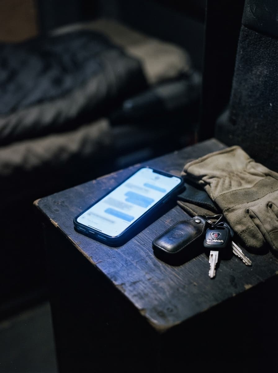 Phone glowing with an incoming text thread late at night beside van keys and a work glove