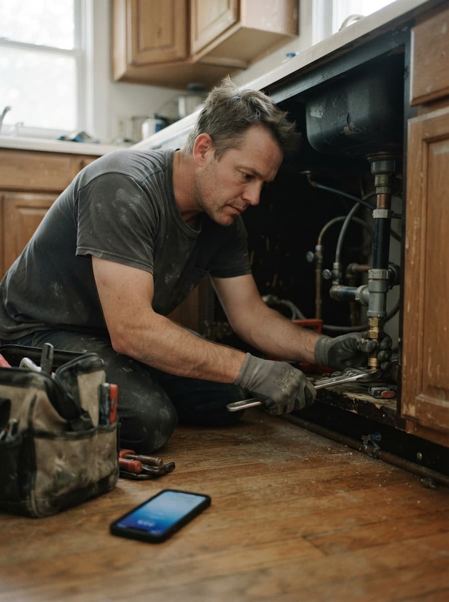 Plumber working under a sink with both hands busy while their phone lights up on the floor