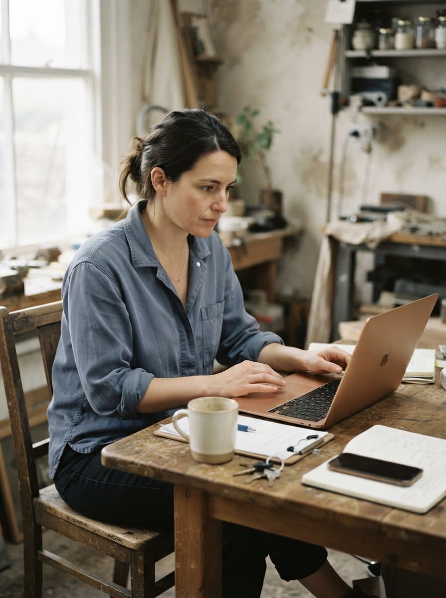 Business owner setting up Deskless on a laptop at a workshop bench